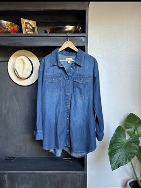 Sofia Womens Denim Button Front Shirt - Oversized Tunic Length XL